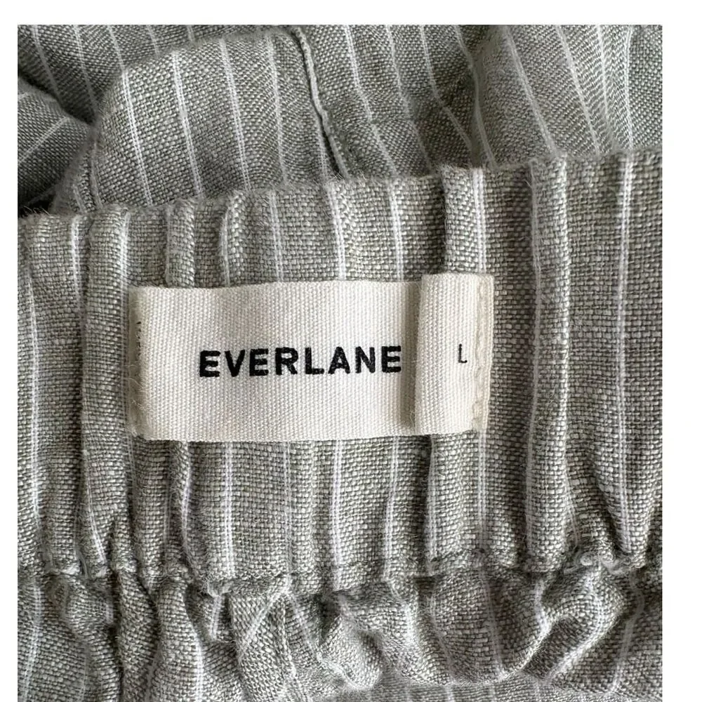Everlane Flax Linen Size Large Green with White Strips Elastic Waistband